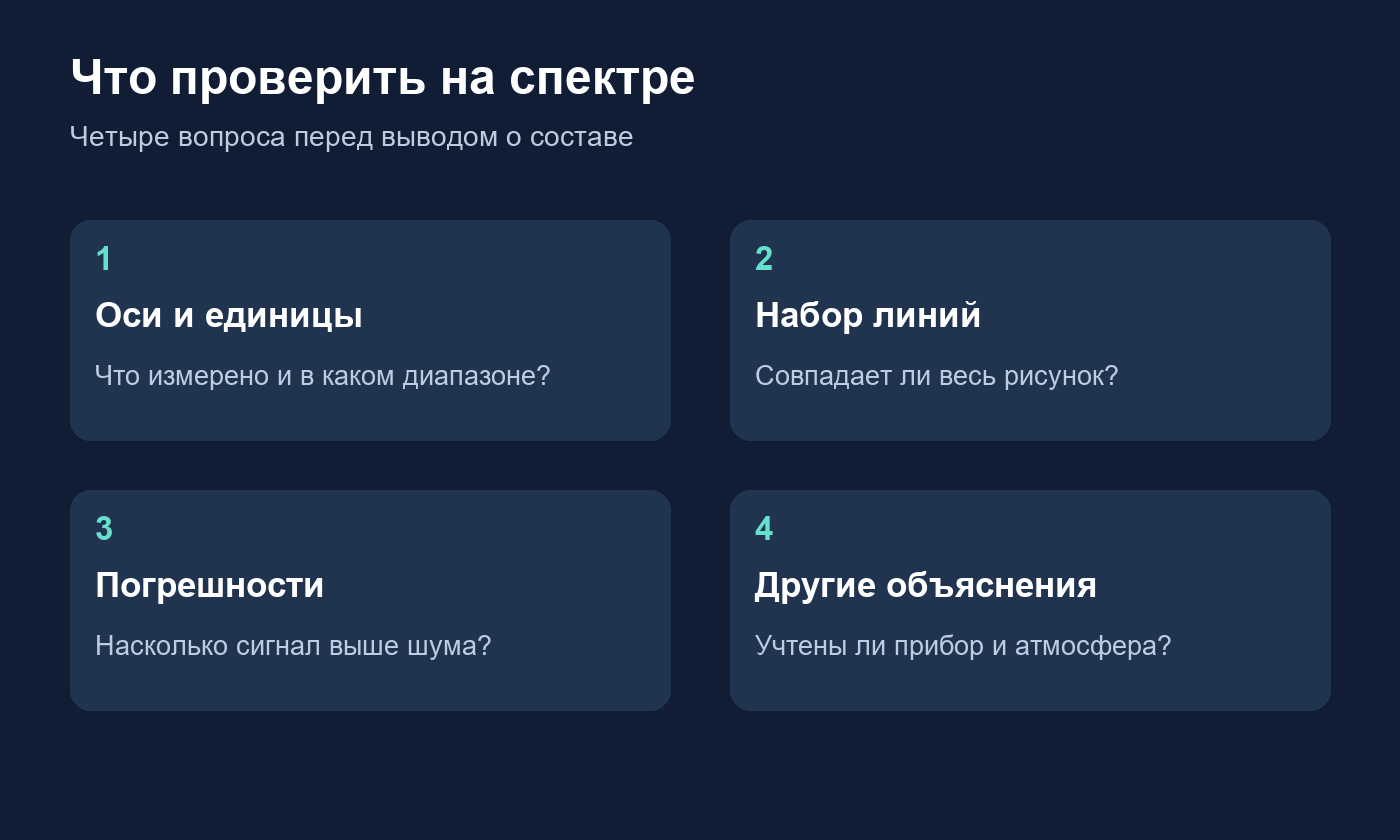 Четыре проверки спектра: оси и единицы, набор линий, погрешности и другие объяснения